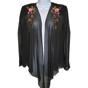 SL Fashions Black Sheer Embroidered Floral Kimono Cardigan Sz 12 Flowy Dressy